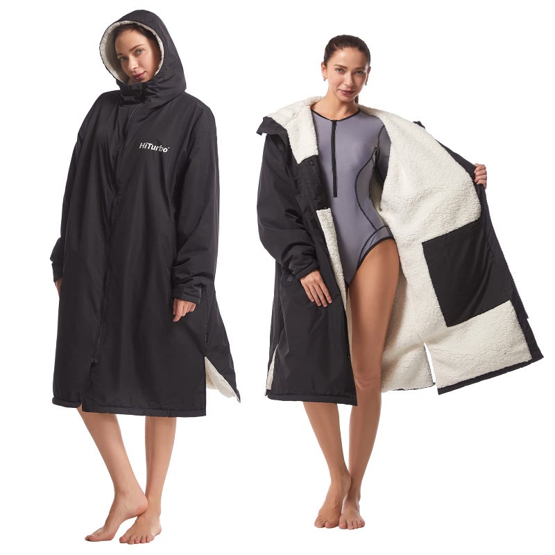 Hiturbo Warm Waterproof Swim Parka: Oversized Hooded Changing Robe - Sherpa Liner Swimming Coat - Recycled Fabric Surf Poncho (Black) - Image 1